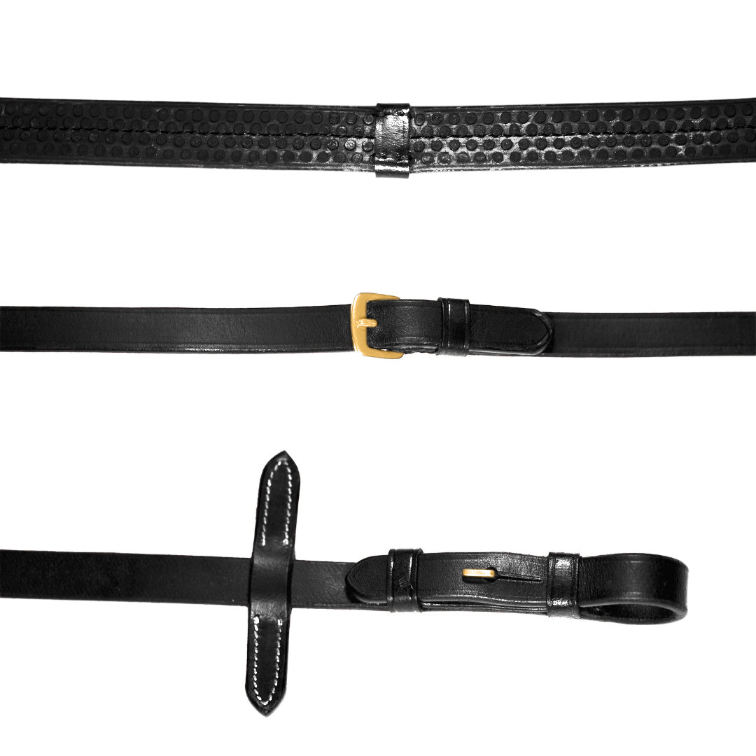 Leather & Rubber Grip Reins (Flat) - Black & Brown (Brass Fittings) - Lumiere Equestrian