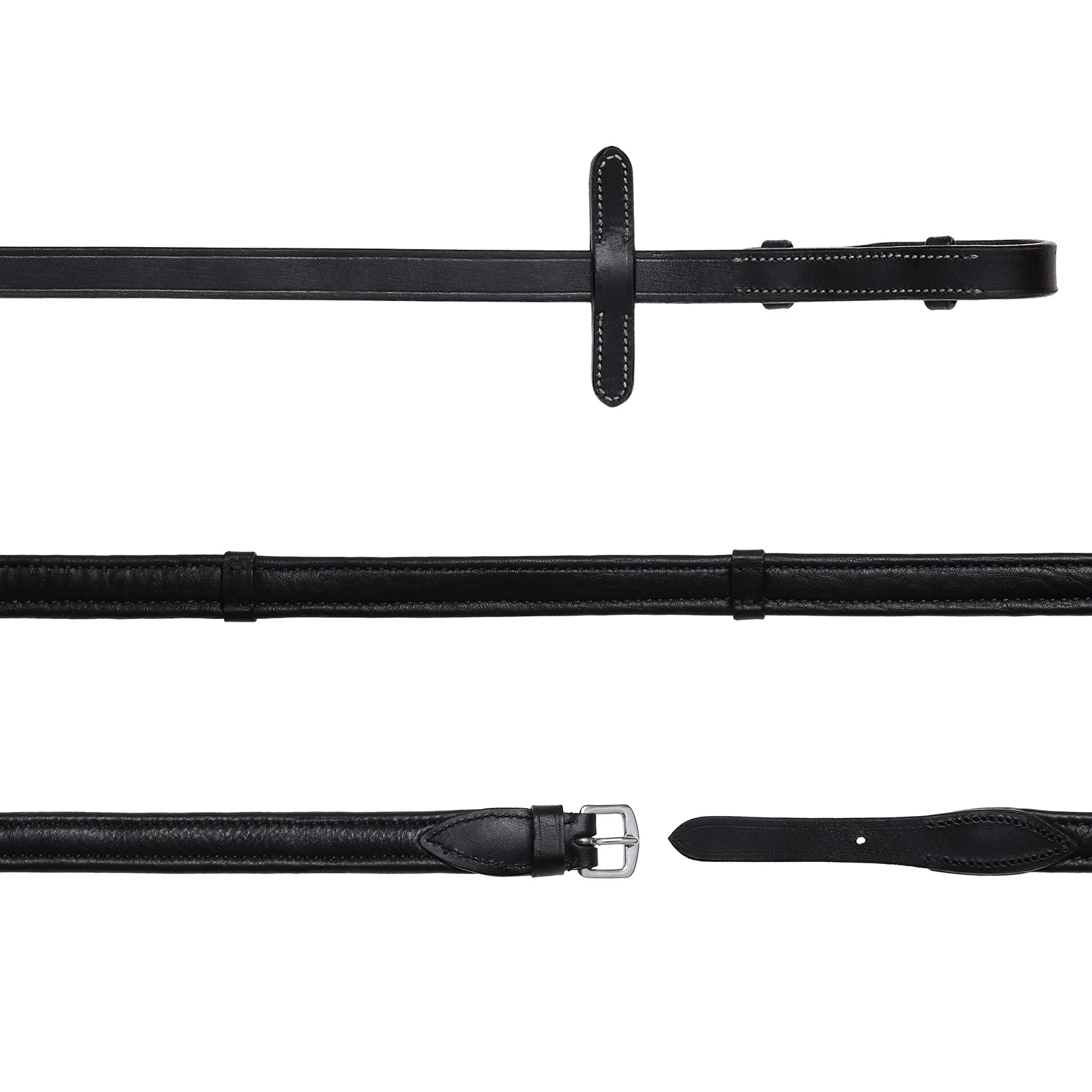 Padded nappa leather reins (flat) with white stitching (silver fittings) (Lumi Pony) (Mini Pony)