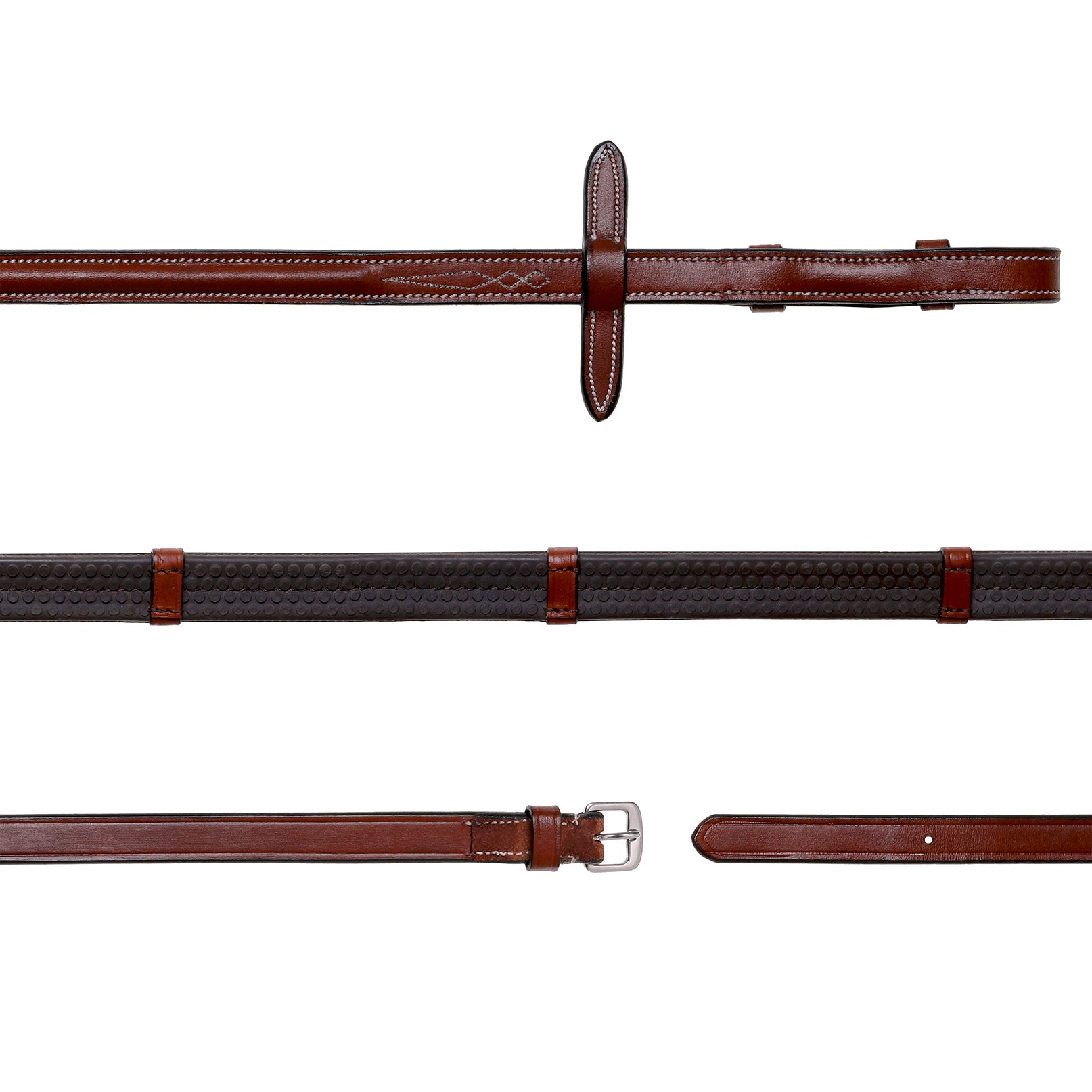 Leather & Rubber Grip Reins (Flat) with white stitching (Silver Billet) (Lumi Pony) - (Pony) -Clearance