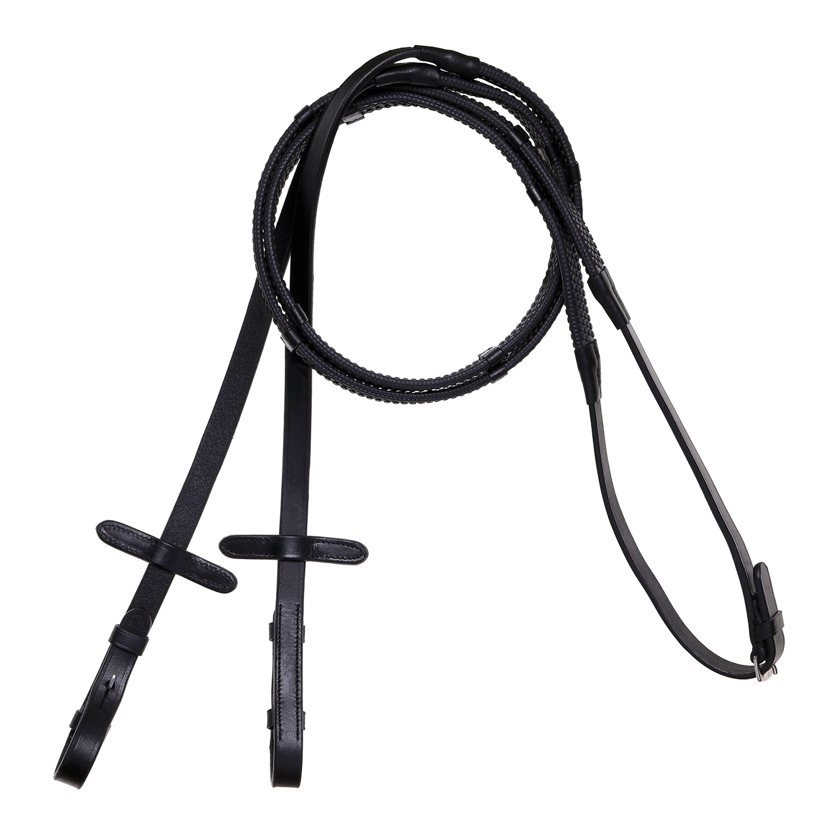 Leather & Rubber Grip Reins (flat) - black & brown (silver fittings)