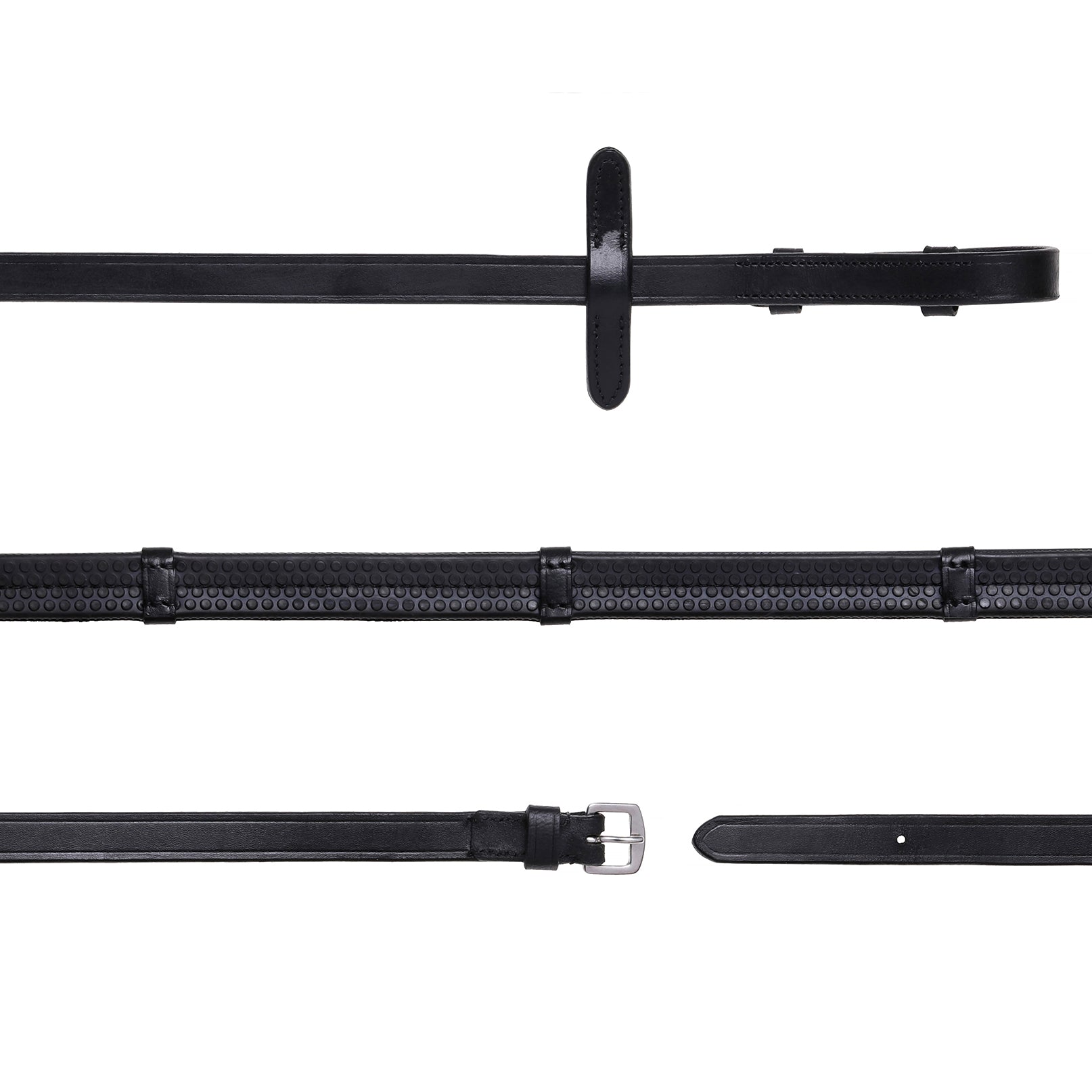 Leather & Rubber Grip Reins (flat) - black & brown (silver fittings)