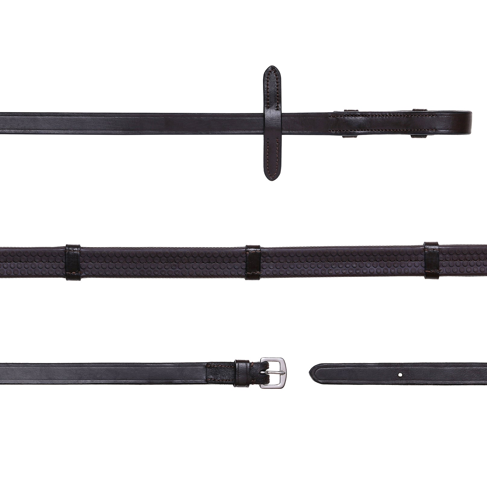 Leather & Rubber Grip Reins (flat) - black & brown (silver fittings)