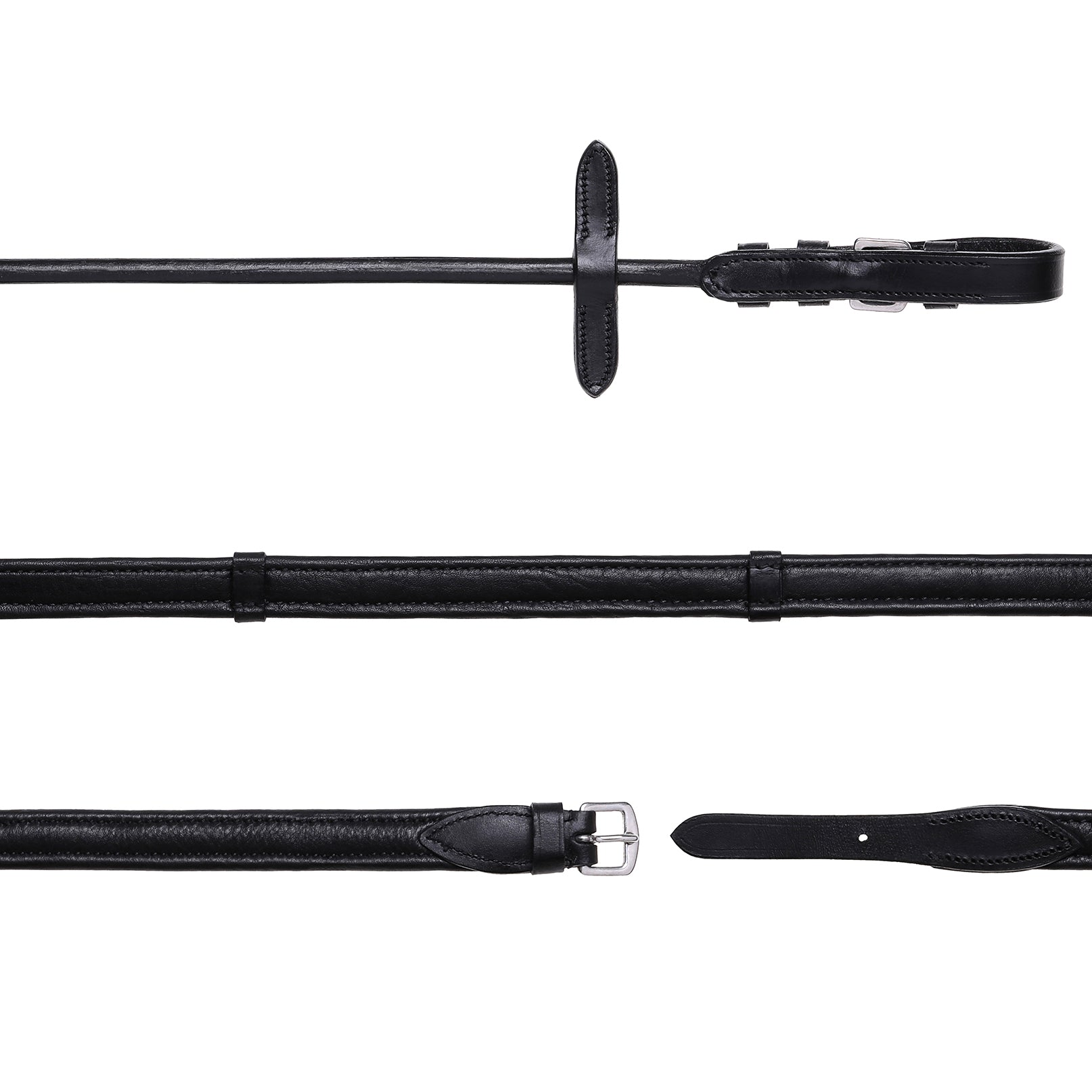 Padded nappa leather reins (rolled) - black & brown (silver fittings) (Lumi Pony) (Mini Pony/Small Pony/Shetland)