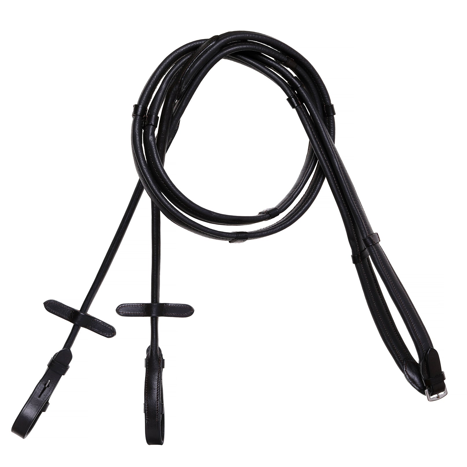 Padded nappa leather reins (rolled) - black & brown (silver fittings) - Clearance