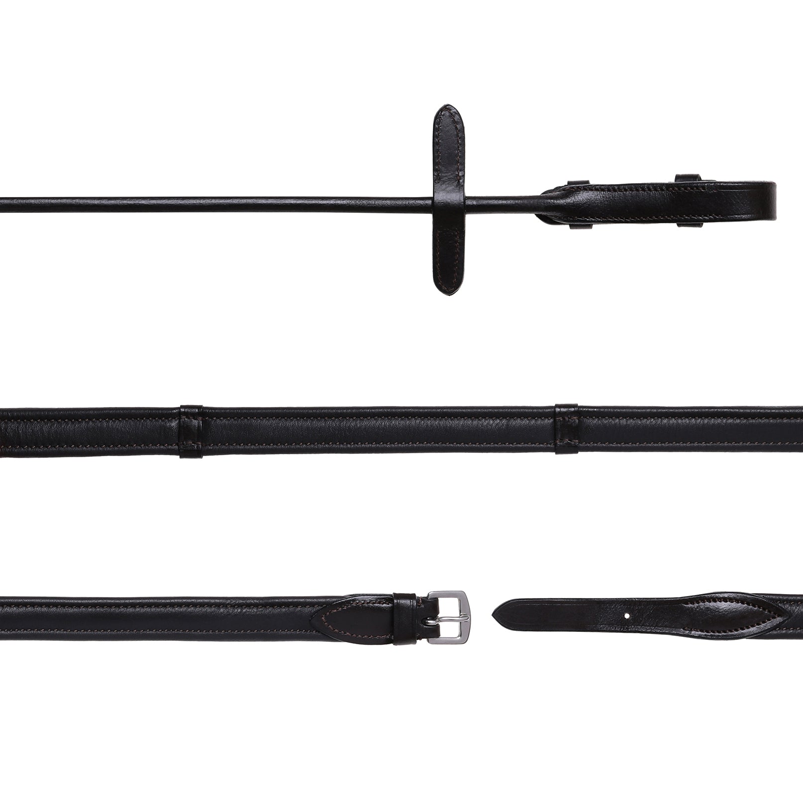 Padded nappa leather reins (rolled) - black & brown (silver fittings) - Clearance