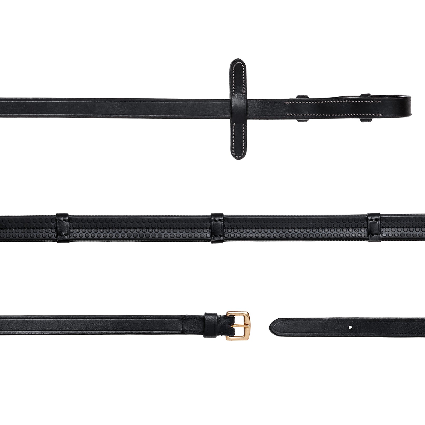 Leather & Rubber Grip Reins (Flat) White Stitch – Brass Fittings