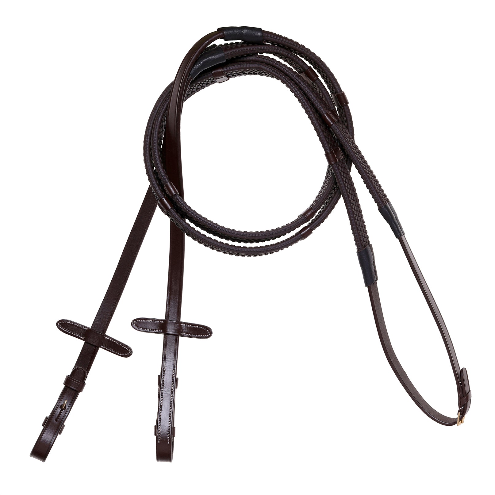 Leather & Rubber Grip Reins (Flat) White Stitch – Brass Fittings