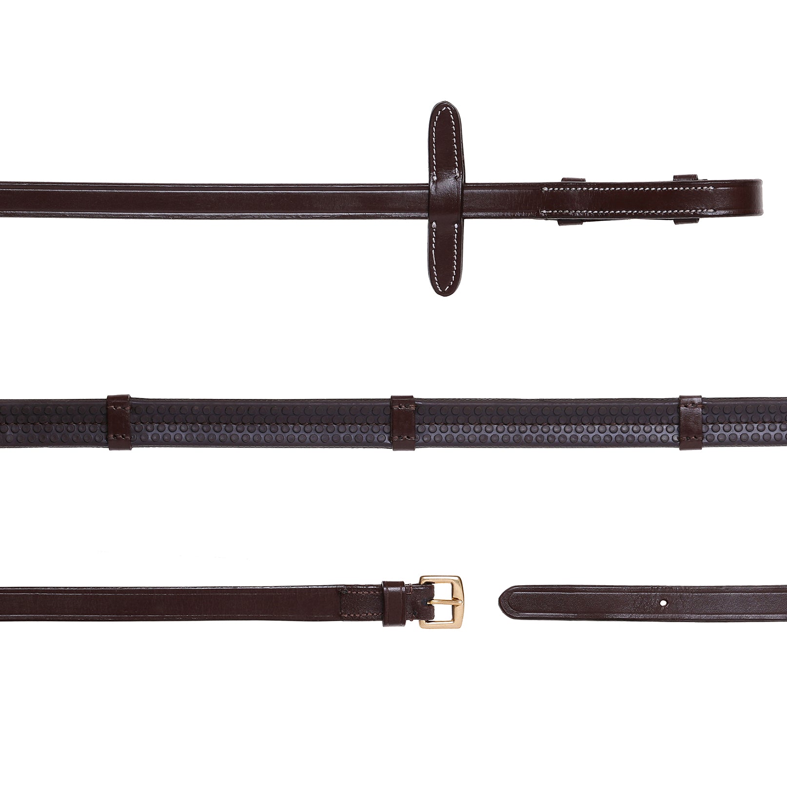 Leather & Rubber Grip Reins (Flat) White Stitch – Brass Fittings