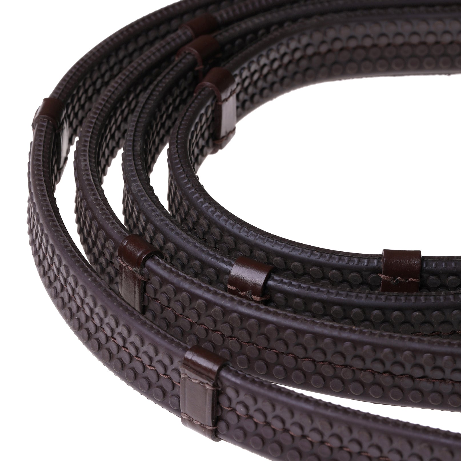 Leather & Rubber Grip Reins (Flat) White Stitch – Brass Fittings