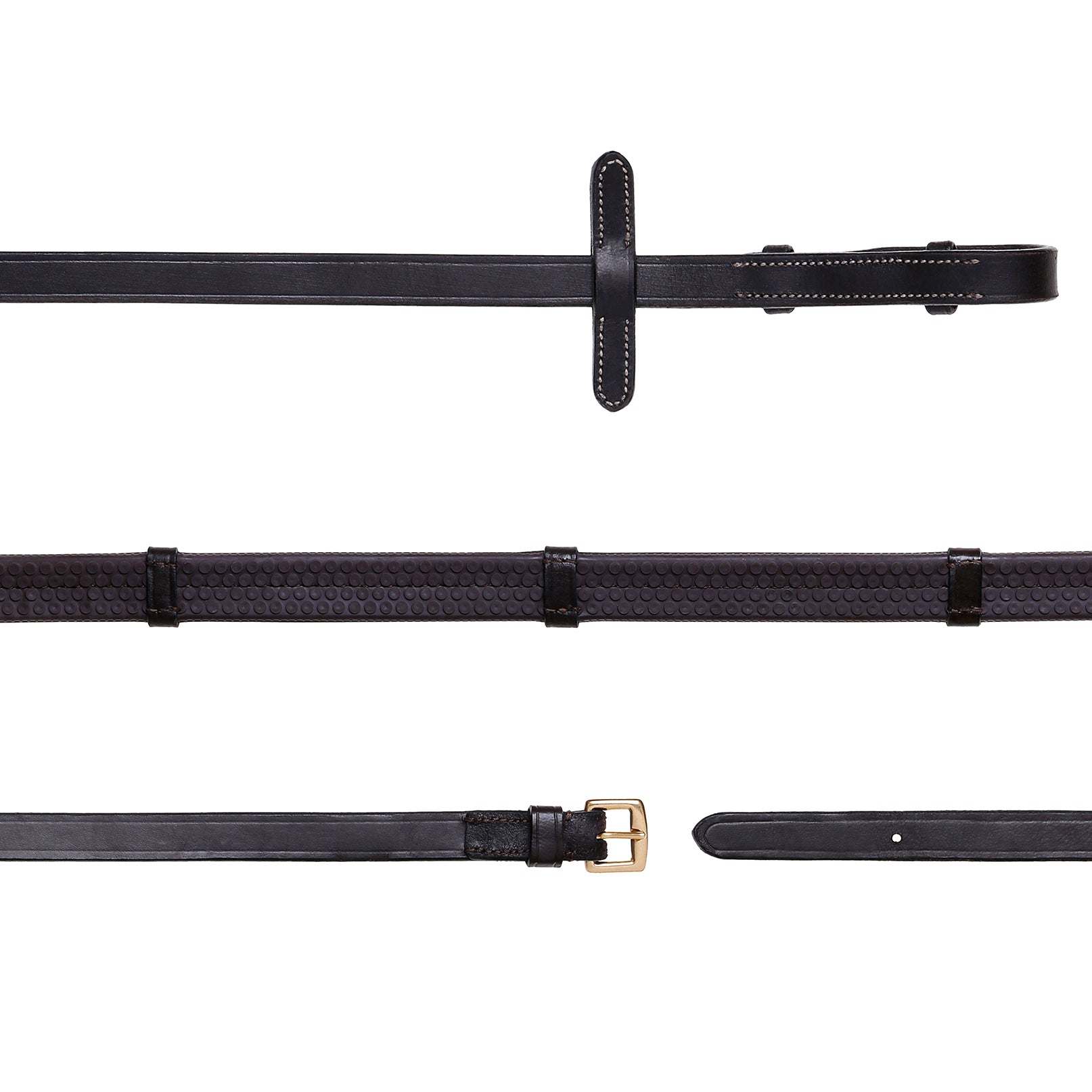 Leather & Rubber Grip Reins (Flat) White Stitch – Brass Fittings