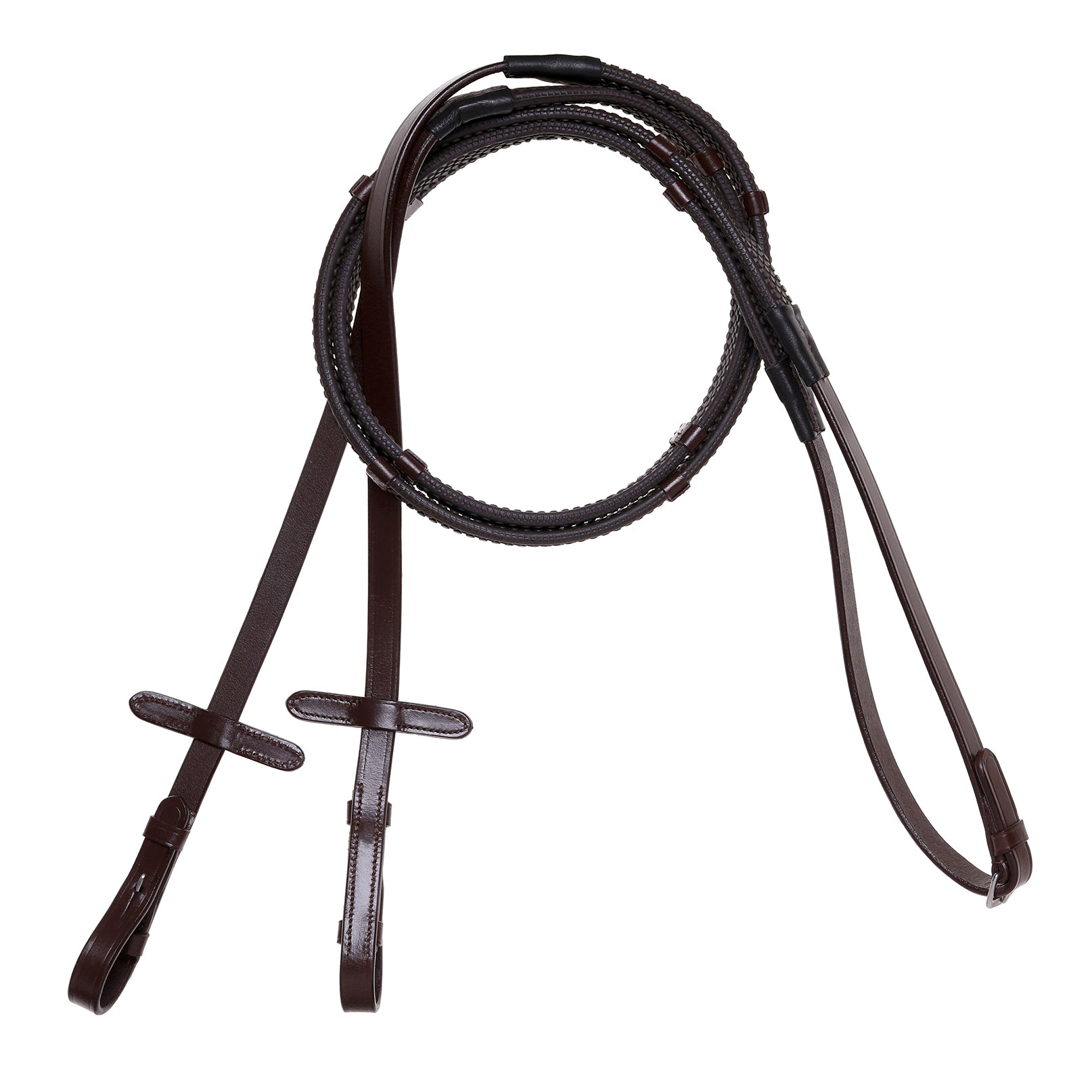 Leather & Rubber Grip Reins (flat) - black & brown (silver fittings)