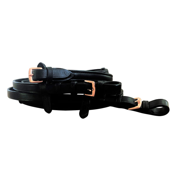Padded nappa leather reins - black  (rose gold fittings) - Lumiere Equestrian