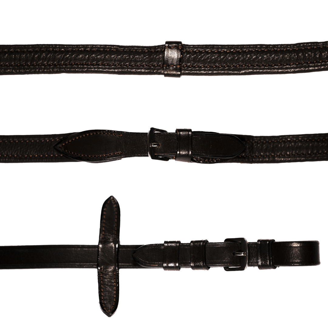Padded nappa leather reins (flat) - black & brown (silver fittings) - Lumiere Equestrian