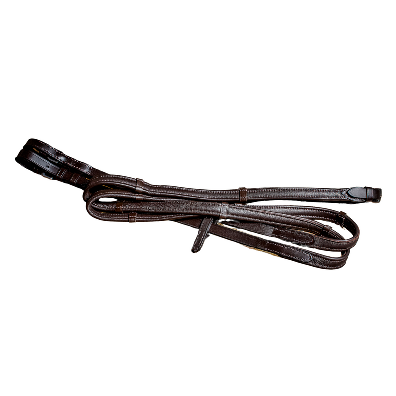 Padded nappa leather reins (flat) - black & brown (silver fittings) - Lumiere Equestrian