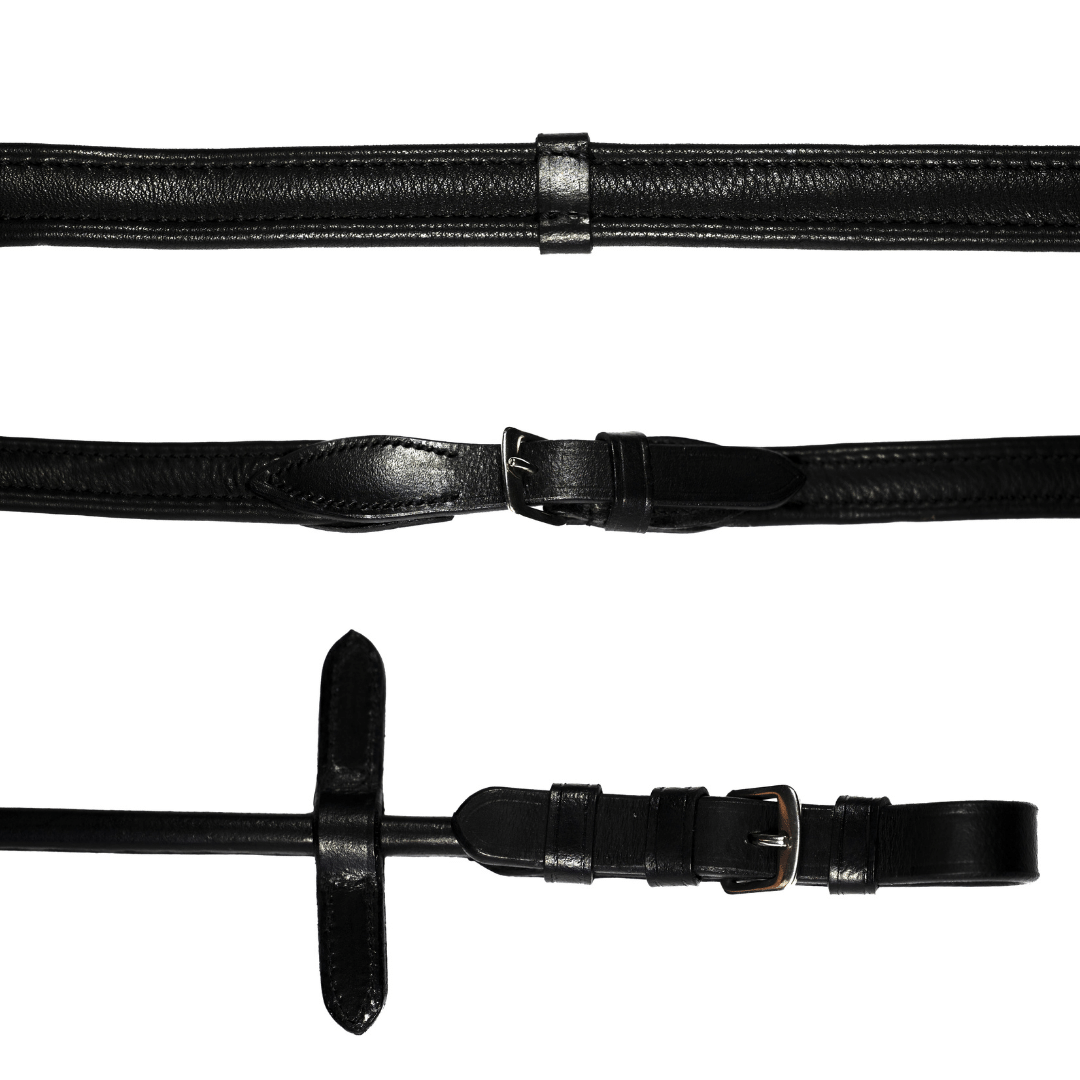Padded nappa leather reins (rolled) - black & brown (silver fittings) - Lumiere Equestrian