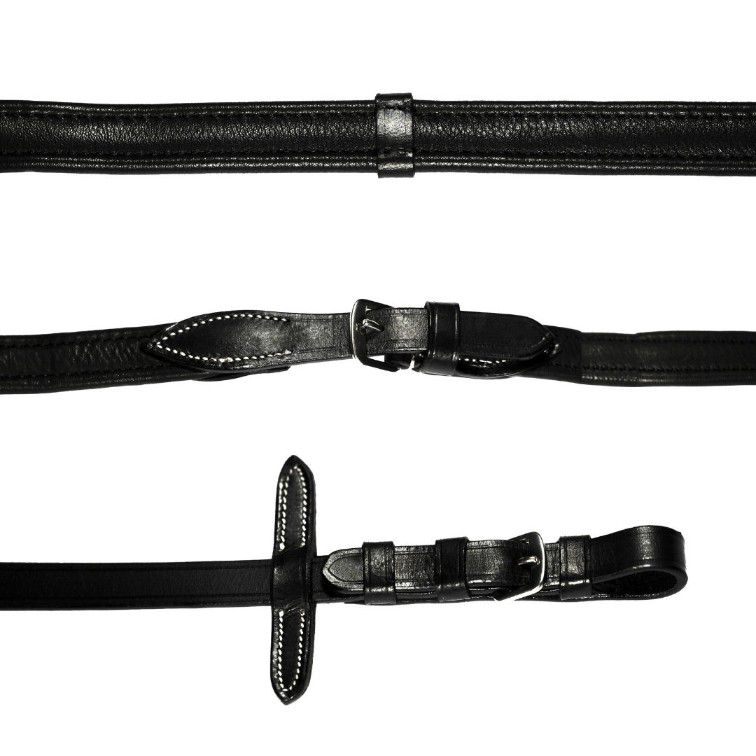 Padded nappa leather reins (flat) with white stitching (silver fittings) - Lumiere Equestrian