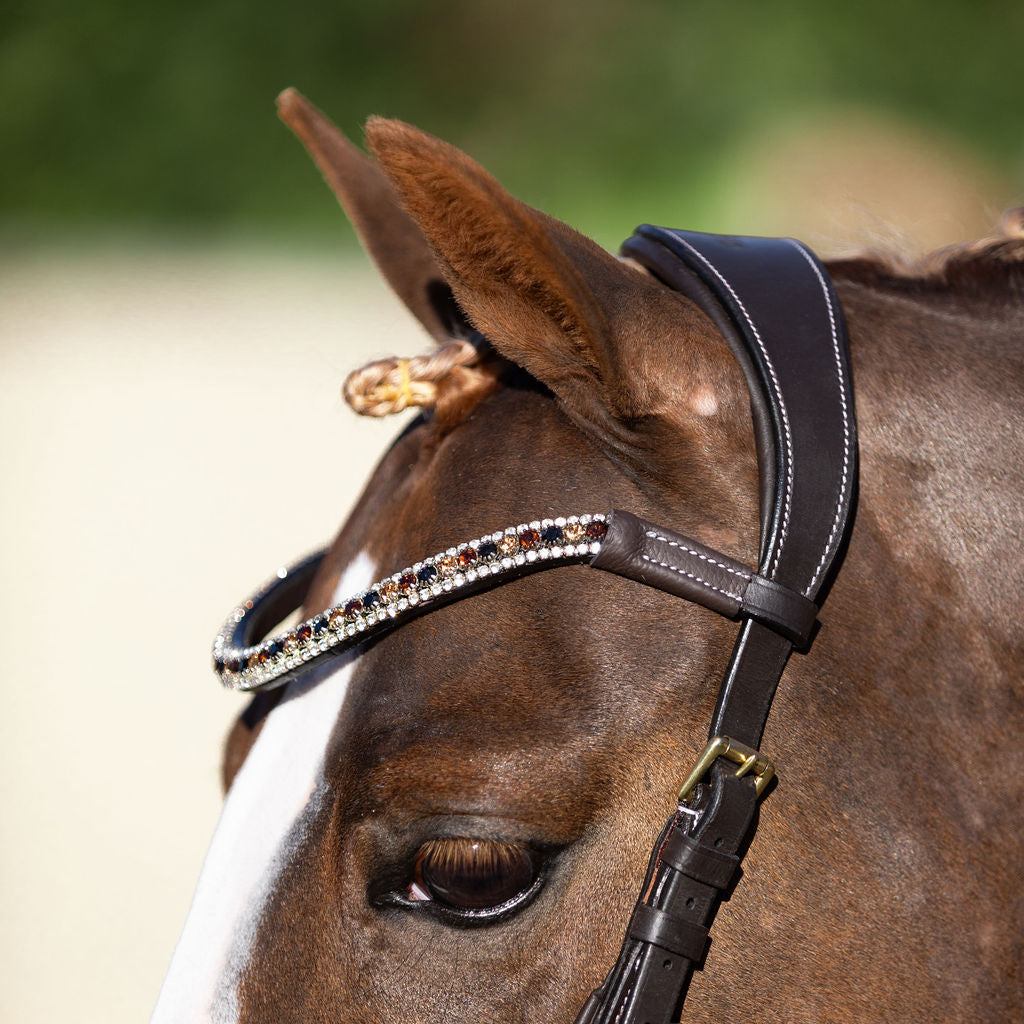 Cwell Equine Frontalino In Pelle Marrone Per Cavezza - Cristalli Trasparenti Sparky, Taglia COB (38,1 Cm)