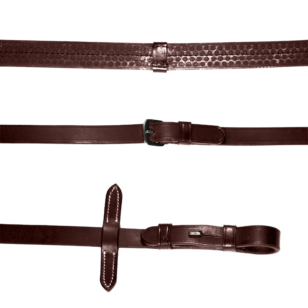 Leather & Rubber Grip Reins (Flat) with white stitching (Silver Billet) - Lumiere Equestrian