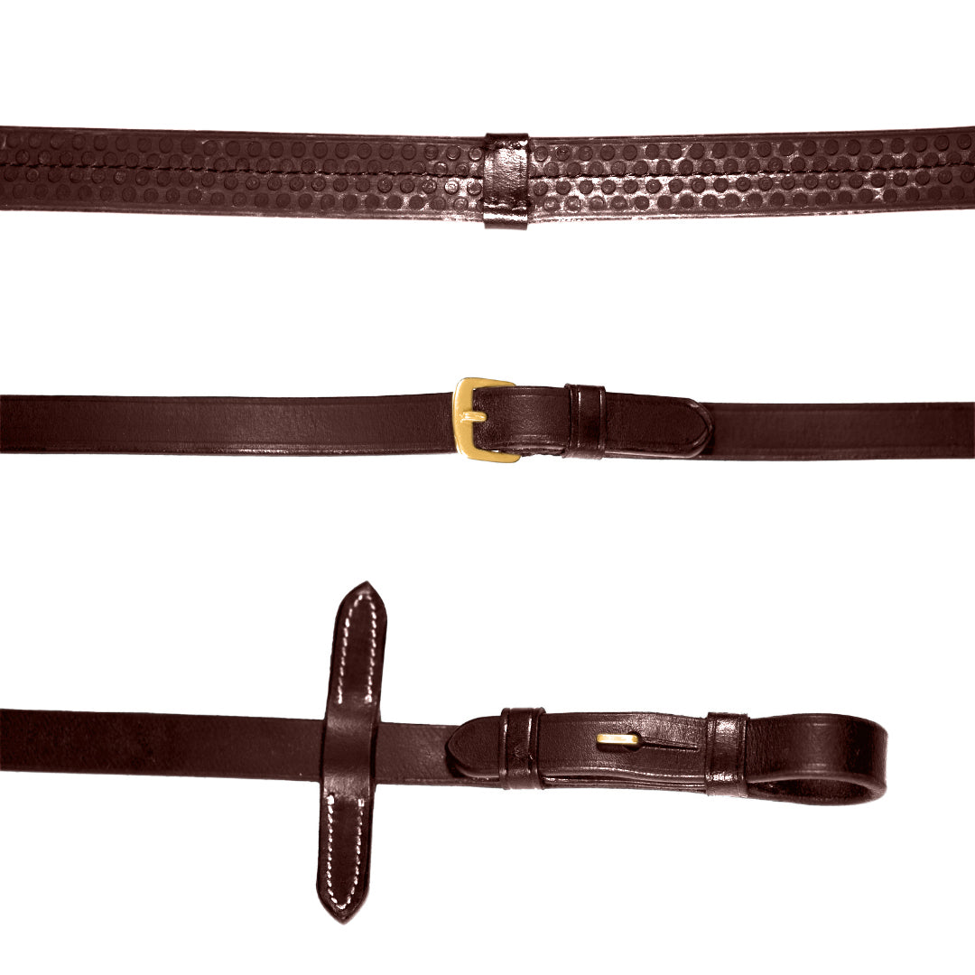 Leather & Rubber Grip Reins (Flat) - Black & Brown (Brass Fittings) - Lumiere Equestrian