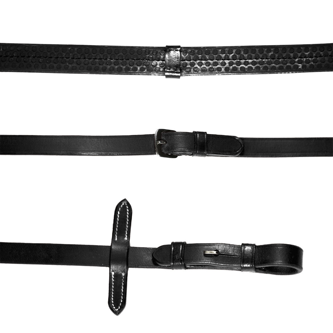 Leather & Rubber Grip Reins (Flat) with white stitching (Silver Billet) - Lumiere Equestrian