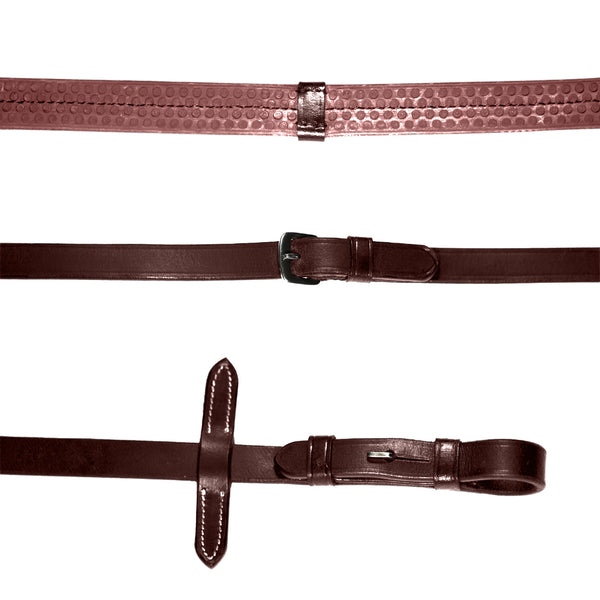 Leather & Rubber Grip Reins (Flat) - Oak (Silver fittings) - Clearance