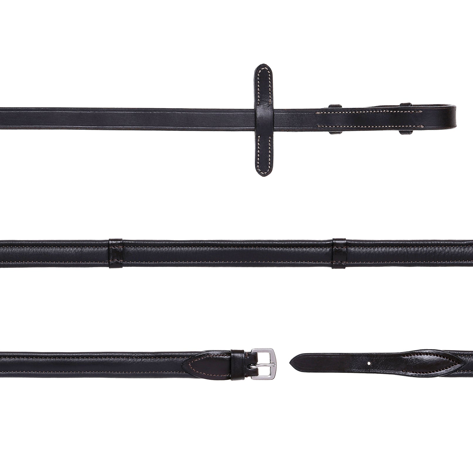 Padded nappa leather reins (flat) with white stitching (silver fittings)