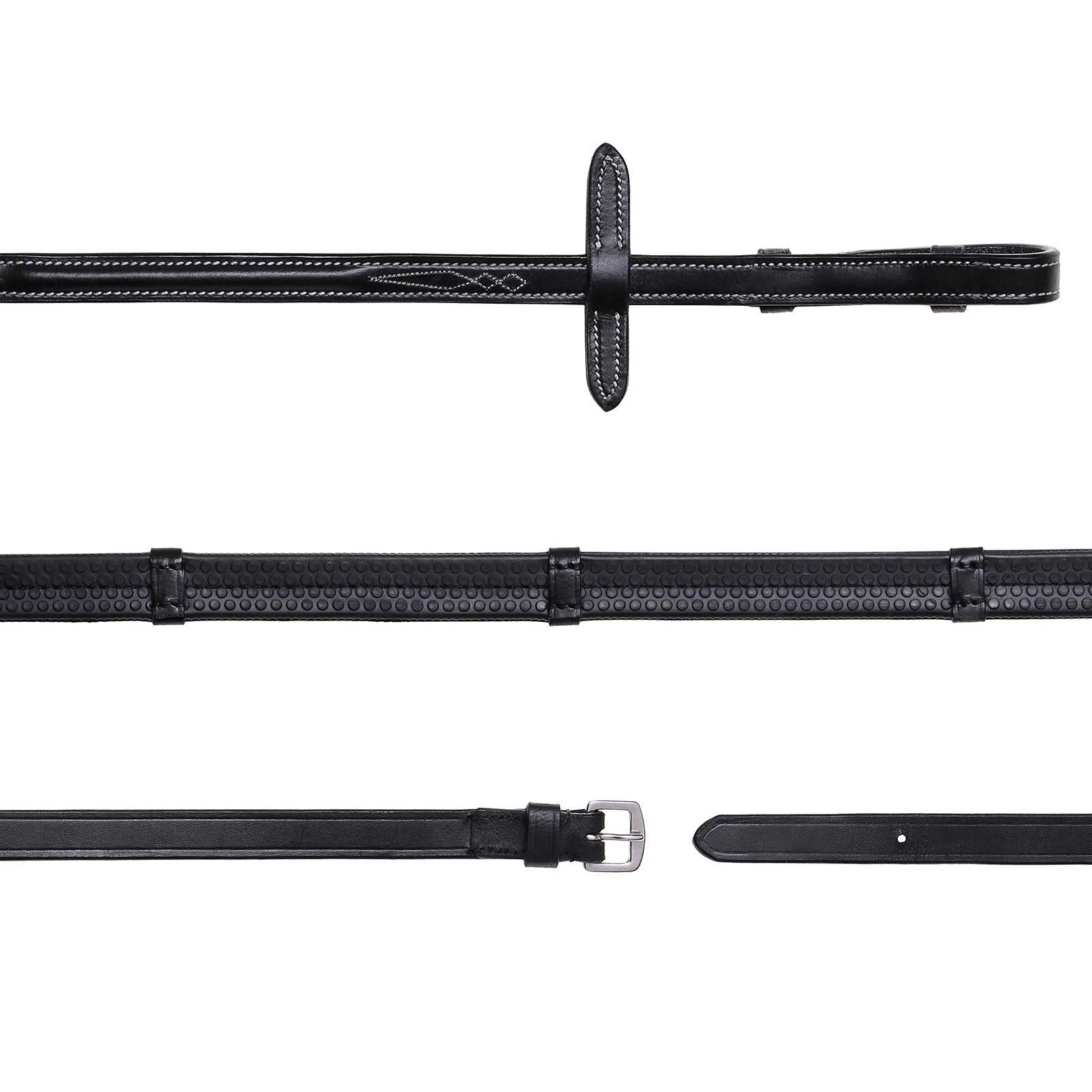 Leather & Rubber Grip Reins (Flat) with white stitching (Silver Billet) (Lumi Pony) (Mini Pony)