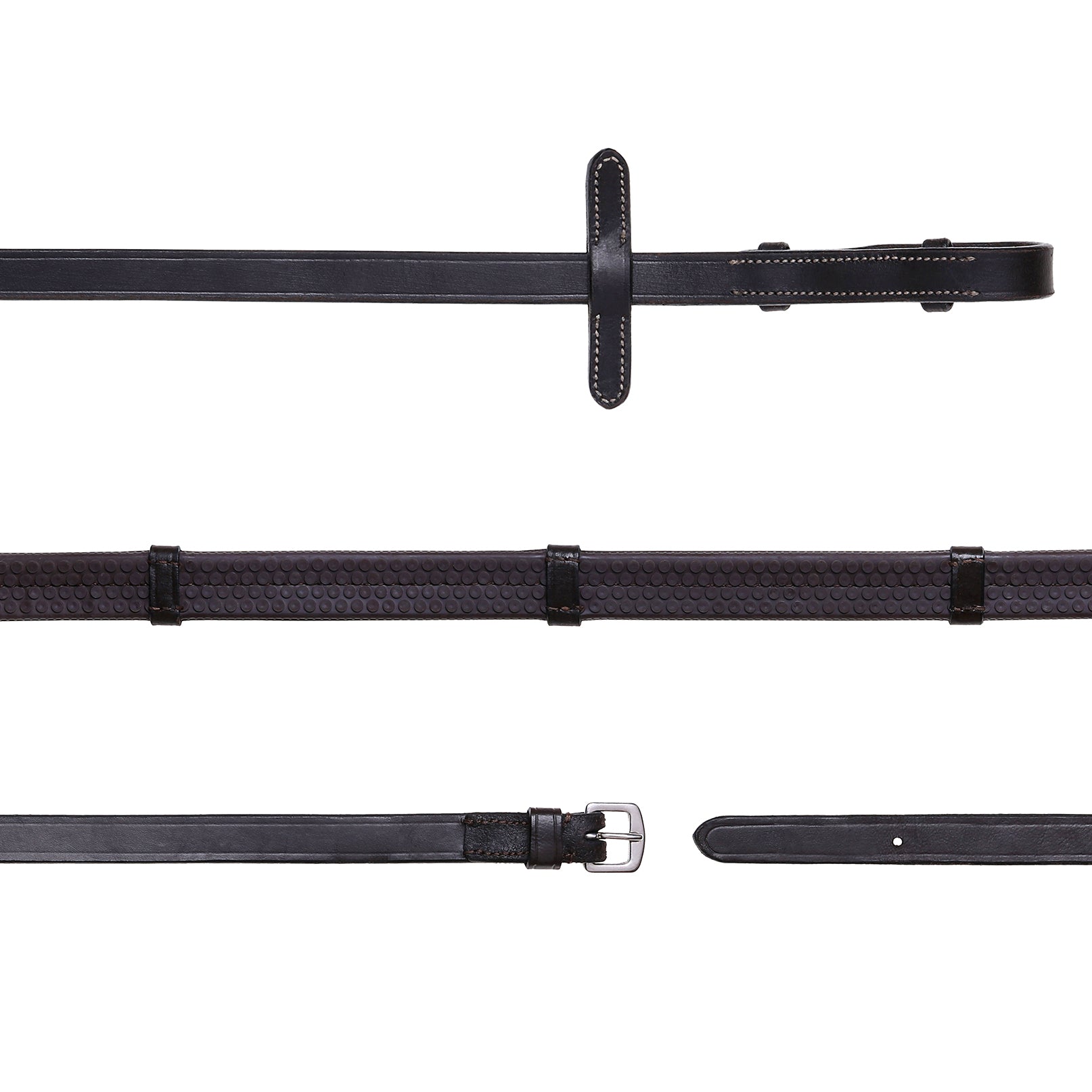 Leather & Rubber Grip Reins (Flat) with white stitching (Silver Billet) (Lumi Pony) - (Pony) - Clearance