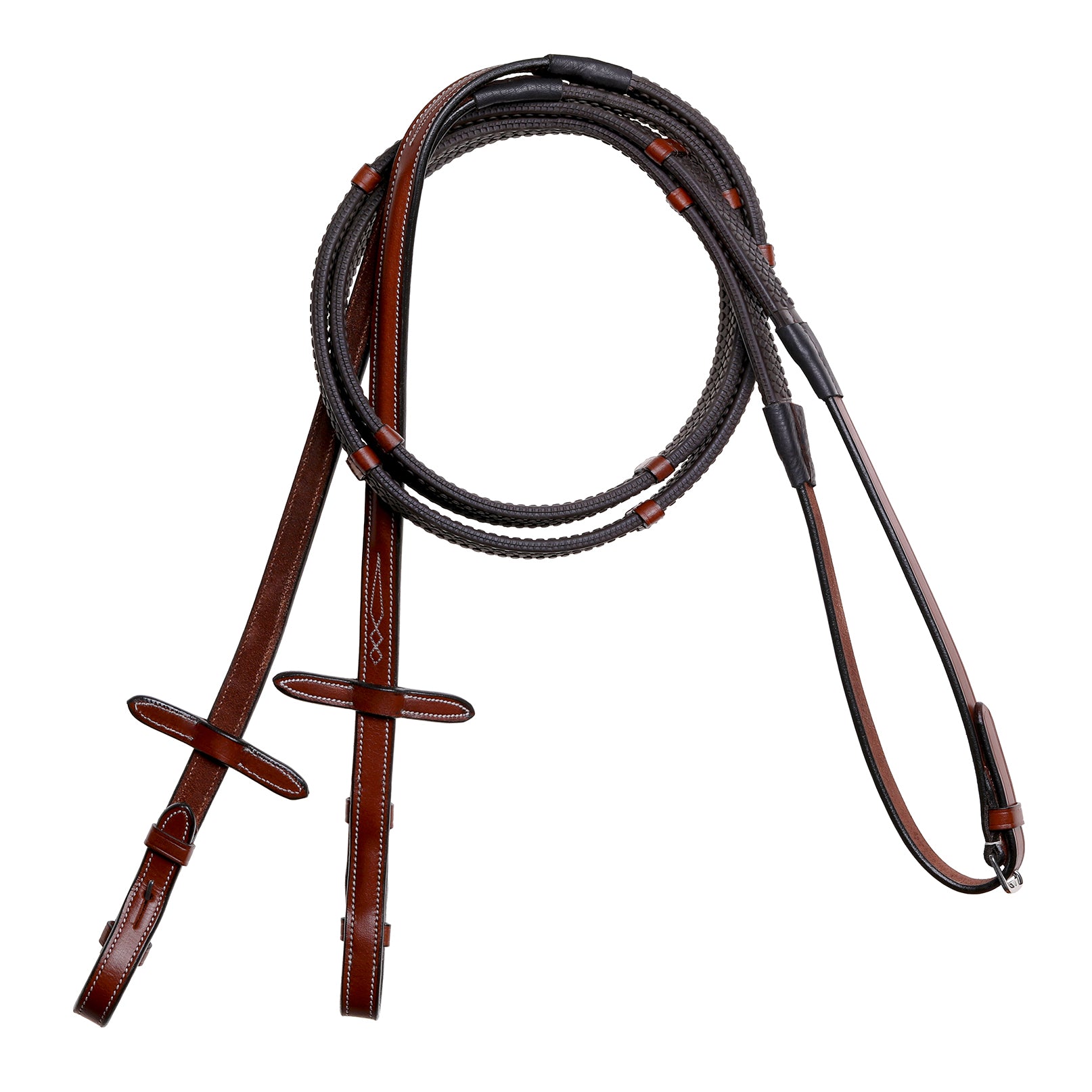 Leather & Rubber Grip Reins (Flat) with white stitching (Silver Billet) (Lumi Pony) - (Pony) -Clearance