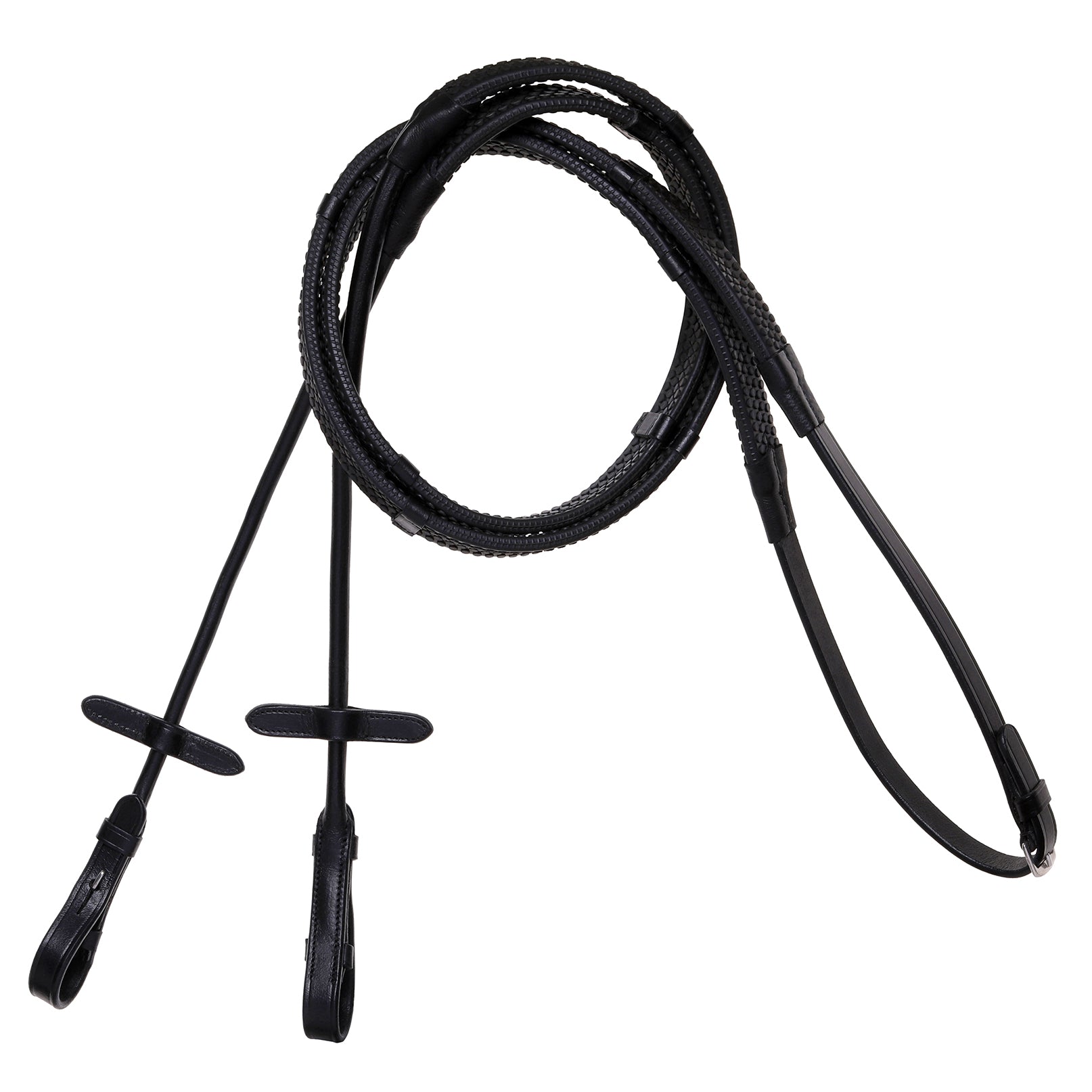 Leather & Rubber Grip Reins (Rolled) - Black & Brown (Silver Fittings) (Mini Pony)