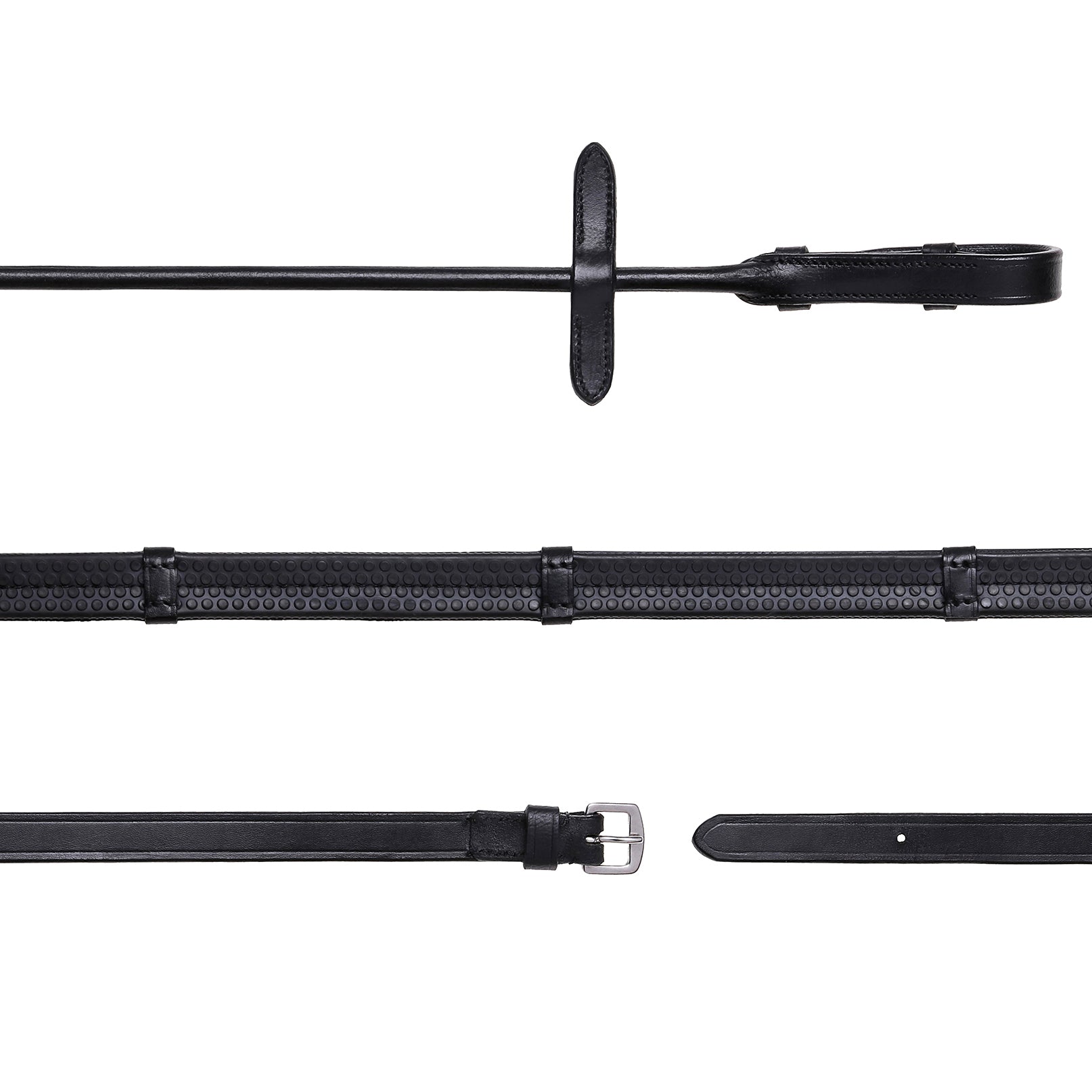 Leather & Rubber Grip Reins (Rolled) - Black & Brown (Silver Fittings) (Mini Pony)