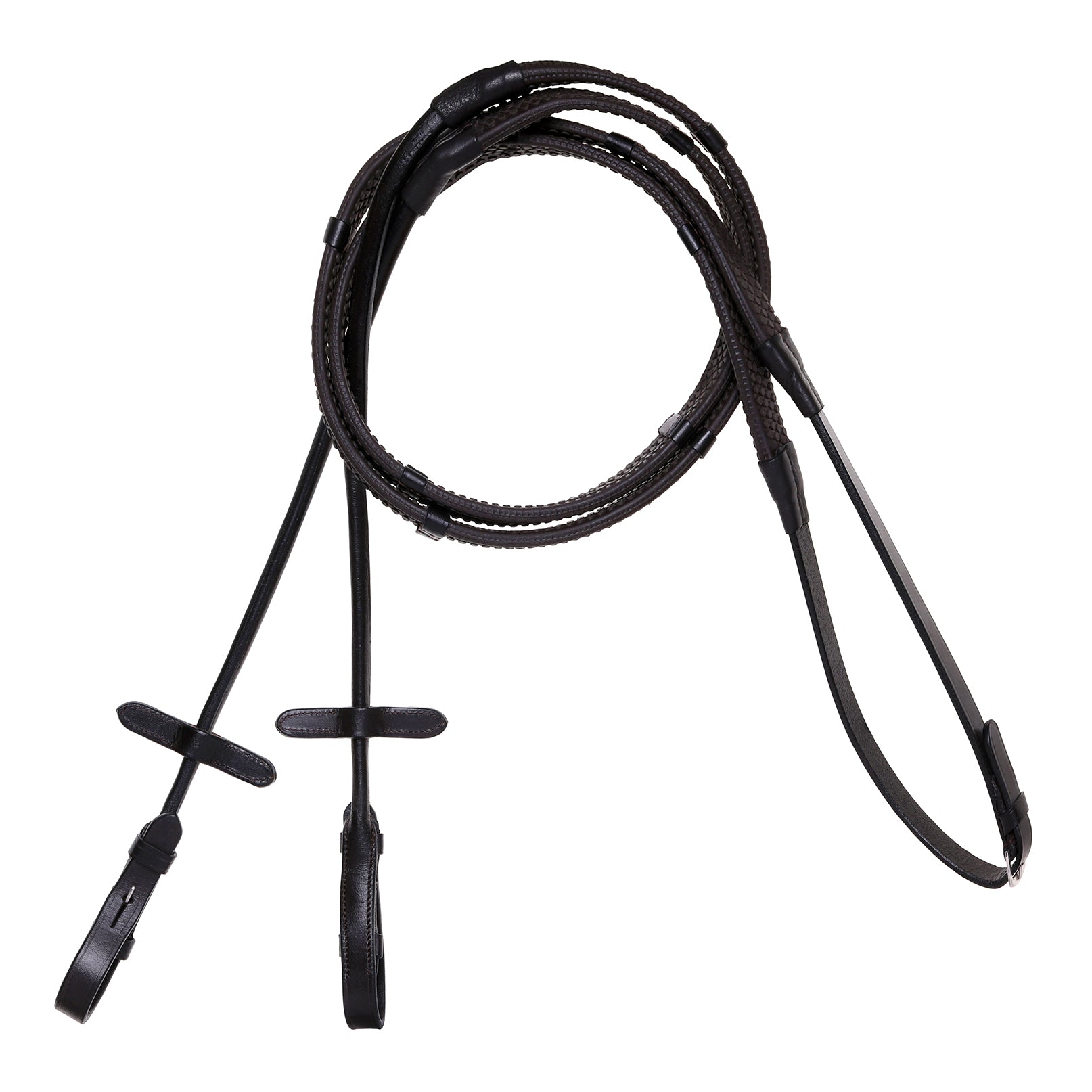 Leather & Rubber Grip Reins (Rolled) - Black & Brown (Silver Fittings)