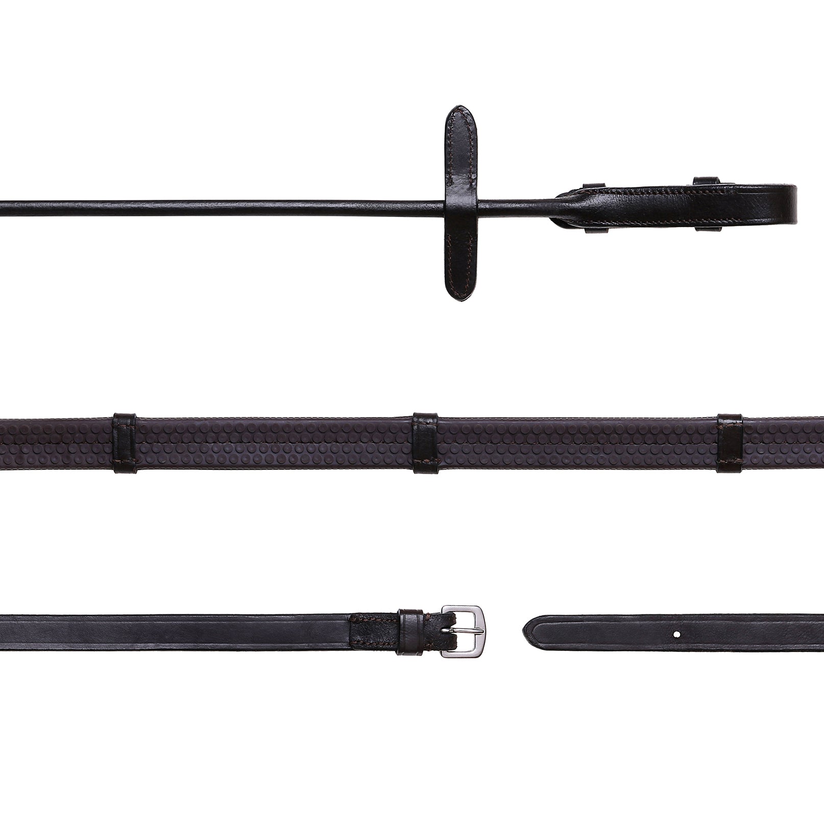 Leather & Rubber Grip Reins (Rolled) - Black & Brown (Silver Fittings)