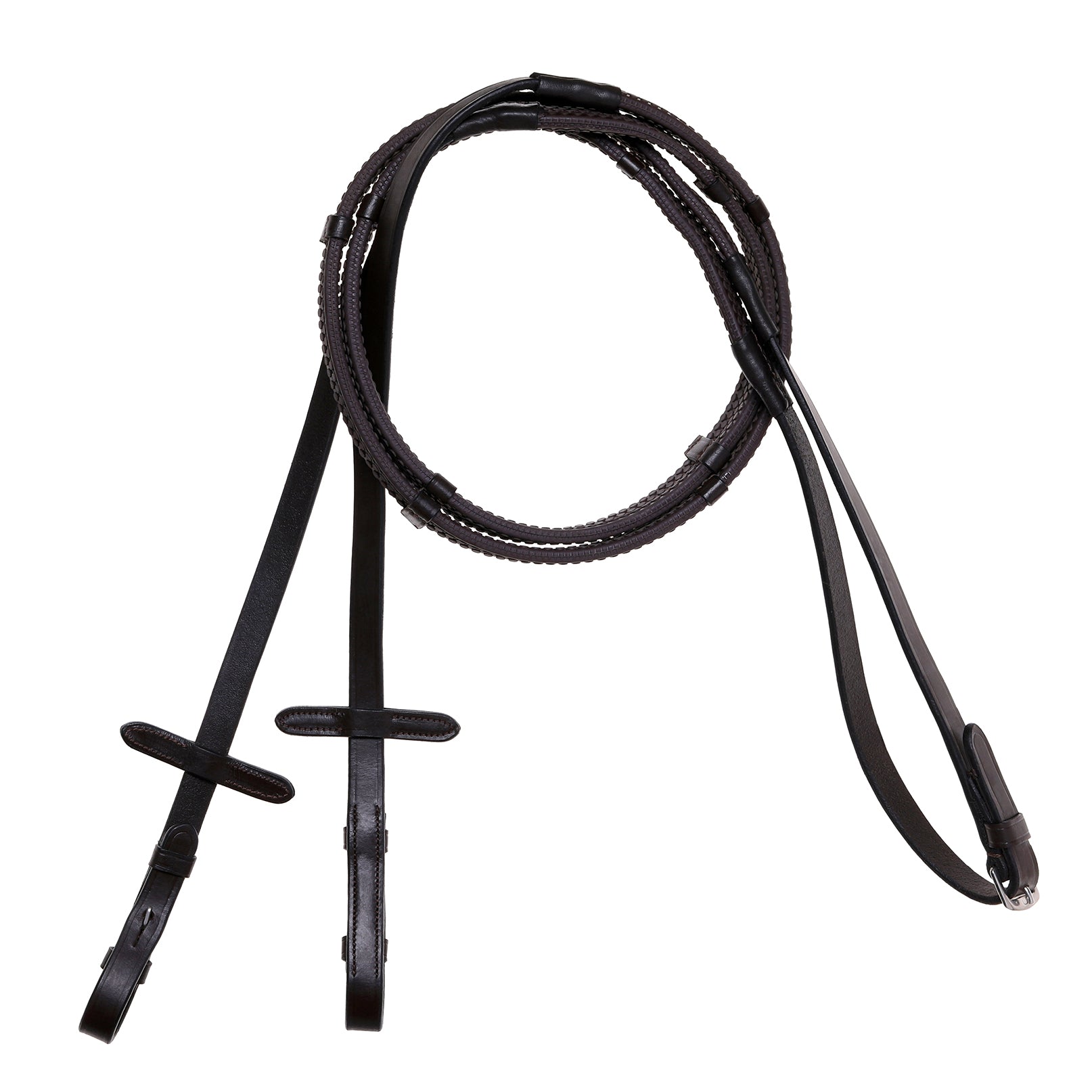 Leather & Rubber Grip Reins (flat) - black & brown (silver fittings)