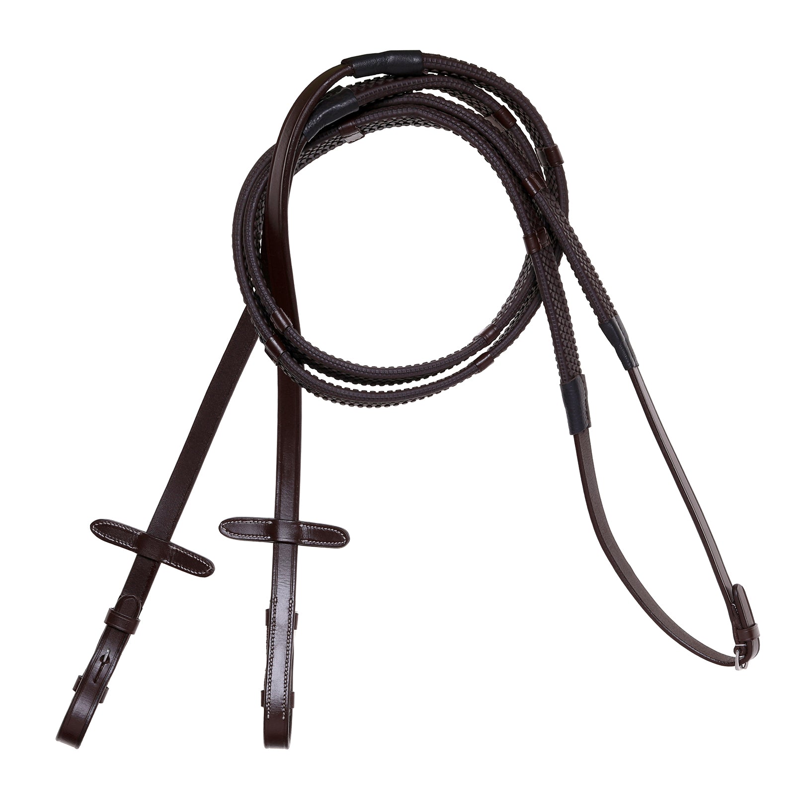 Leather & Rubber Grip Reins (Flat) with white stitching (Silver Billet)