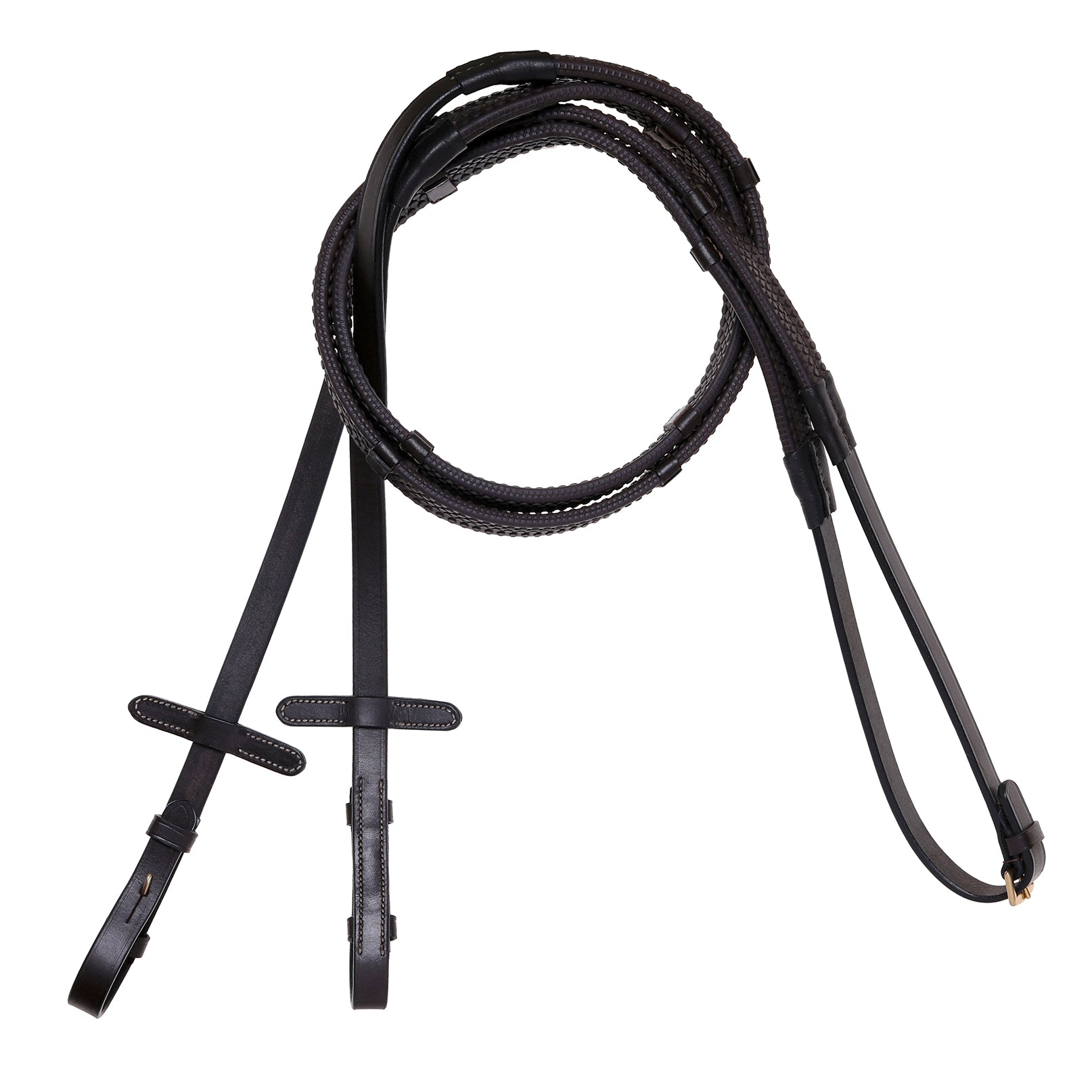 Leather & Rubber Grip Reins (Flat) White Stitch – Brass Fittings