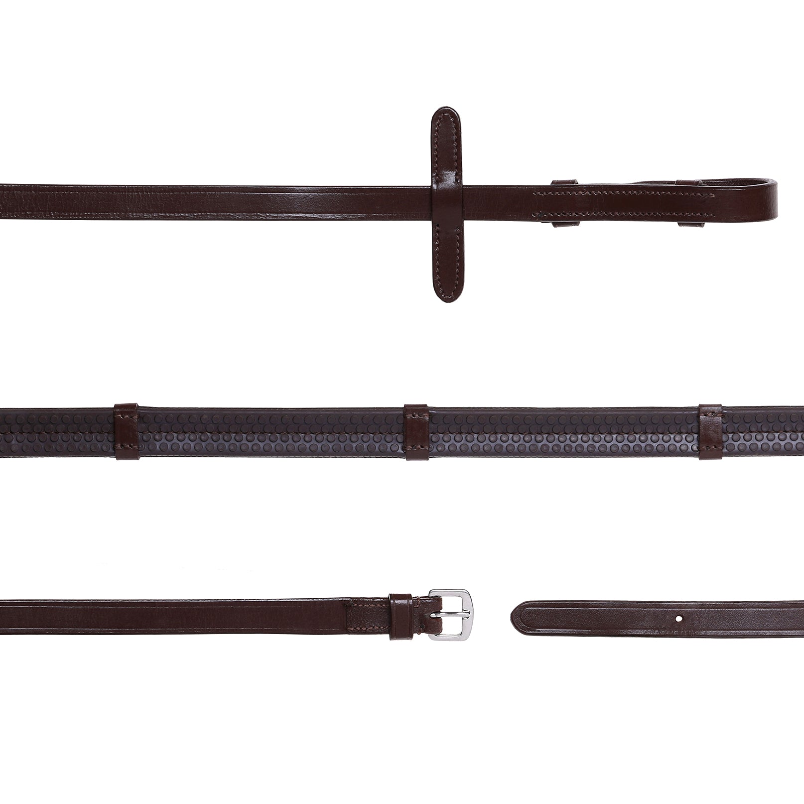 Leather & Rubber Grip Reins (flat) - black & brown (silver fittings)