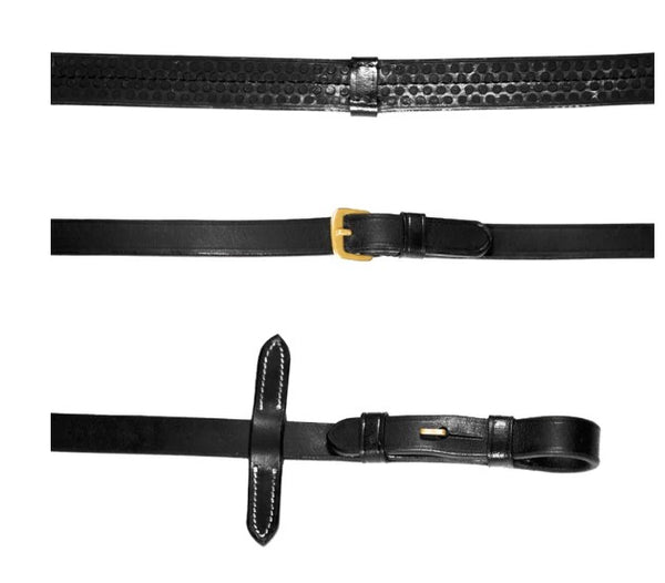 Three black leather belts with different buckles on a white background