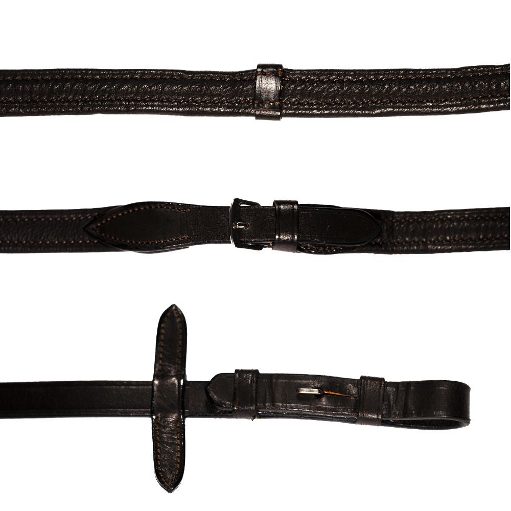 Padded nappa leather reins (flat) - black & brown (silver fittings)