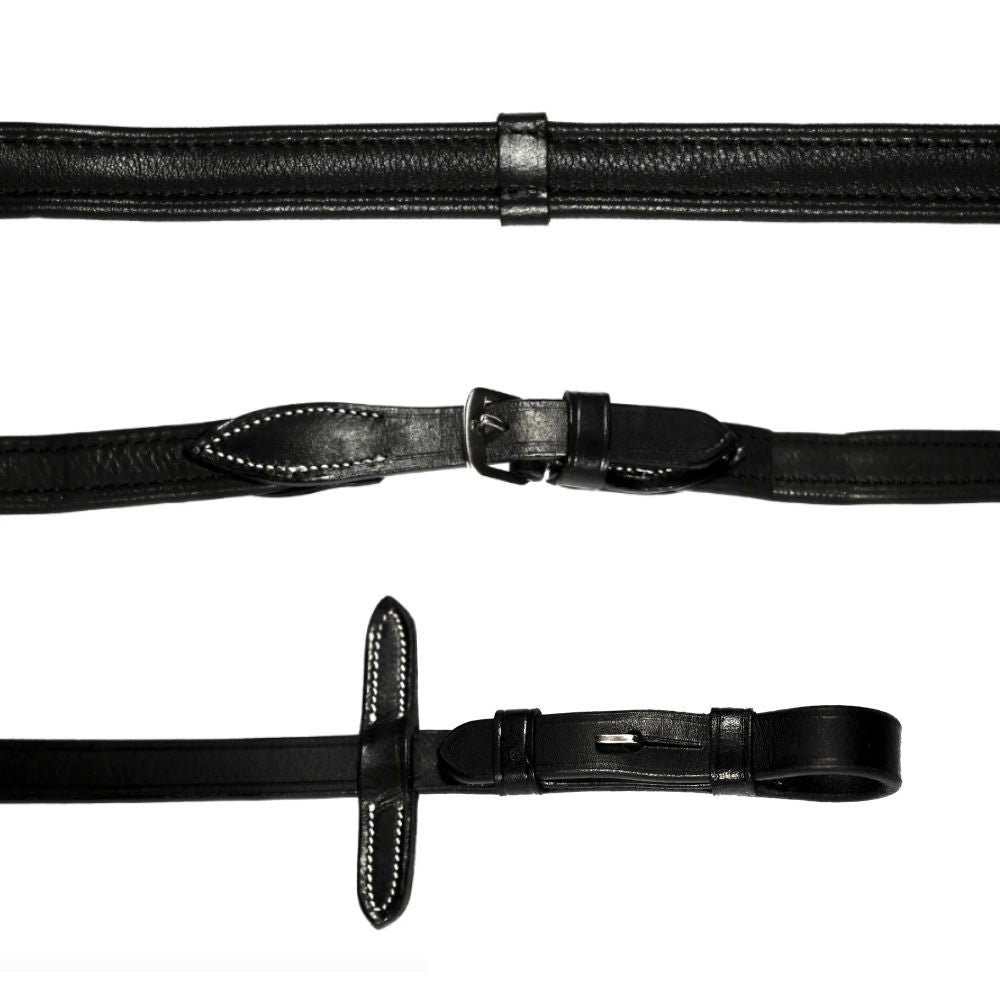 Padded nappa leather reins (flat) with white stitching (silver fittings)
