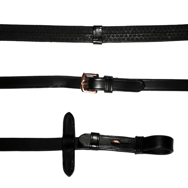 Leather & Rubber Grip Reins (Flat)- Black (Rose Gold Fittings)