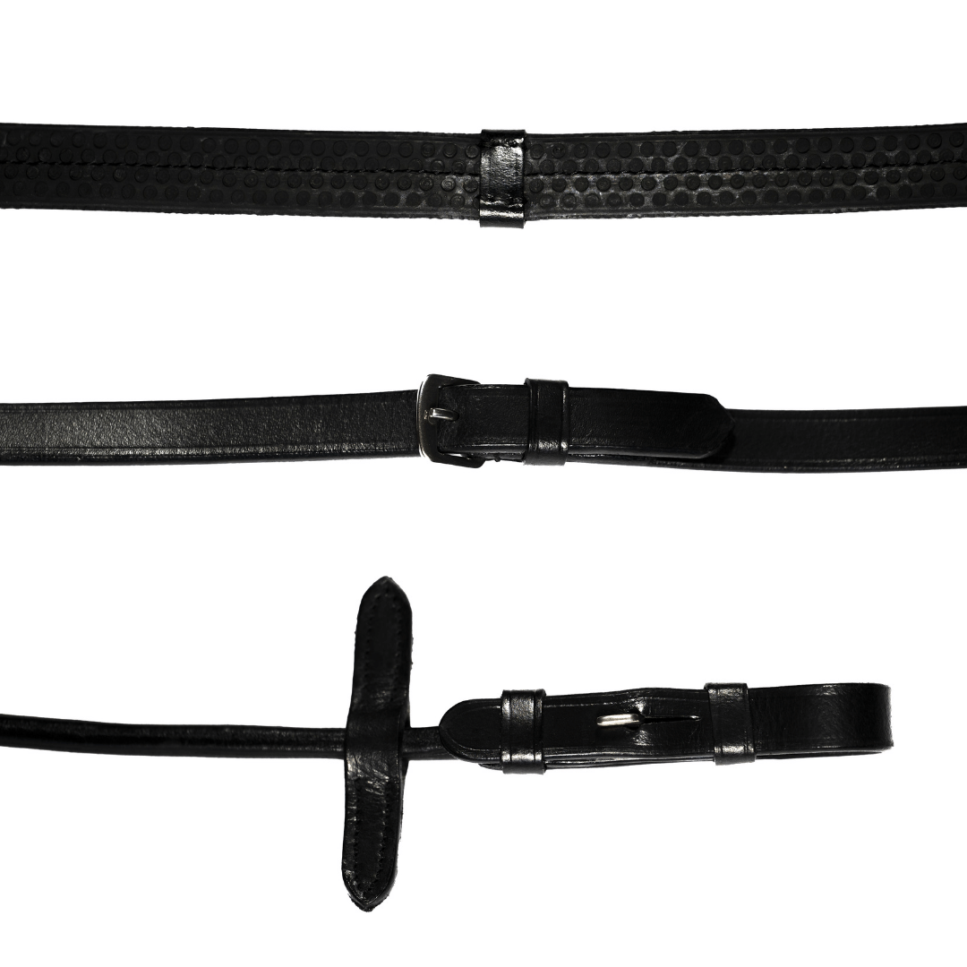 Leather & Rubber Grip Reins (Rolled) - Black & Brown (Silver Fittings) - Lumiere Equestrian