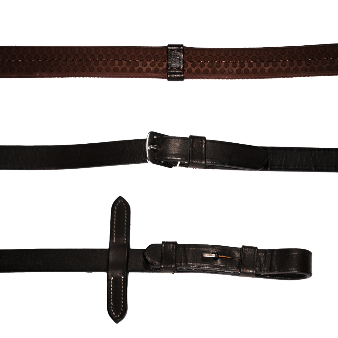 Leather & Rubber Grip Reins (flat) - black & brown (silver fittings) - Lumiere Equestrian