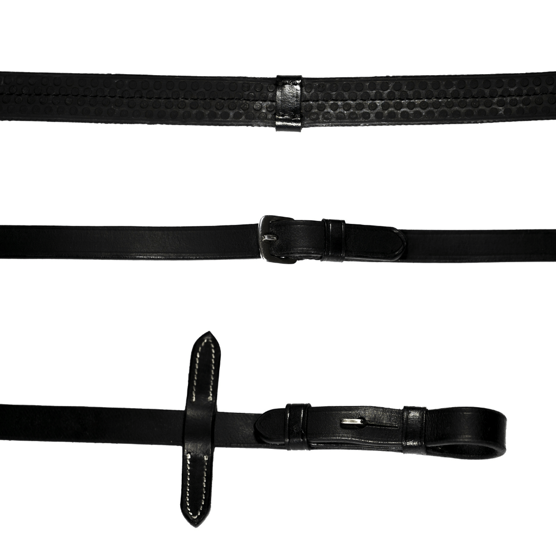 Leather & Rubber Grip Reins (flat) - black & brown (silver fittings) - Lumiere Equestrian