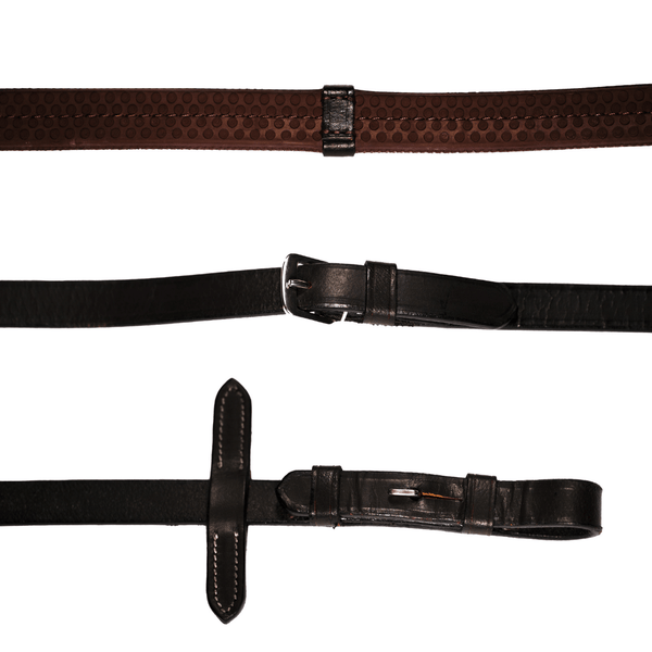 Leather & Rubber Grip Reins (Flat) - Black & Brown (Silver fittings)