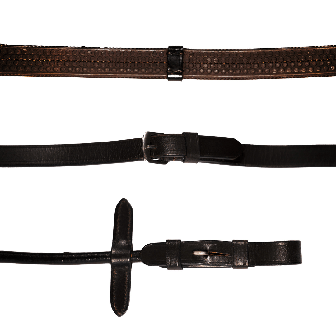 Leather & Rubber Grip Reins (Rolled) - Black & Brown (Silver Fittings) - Lumiere Equestrian