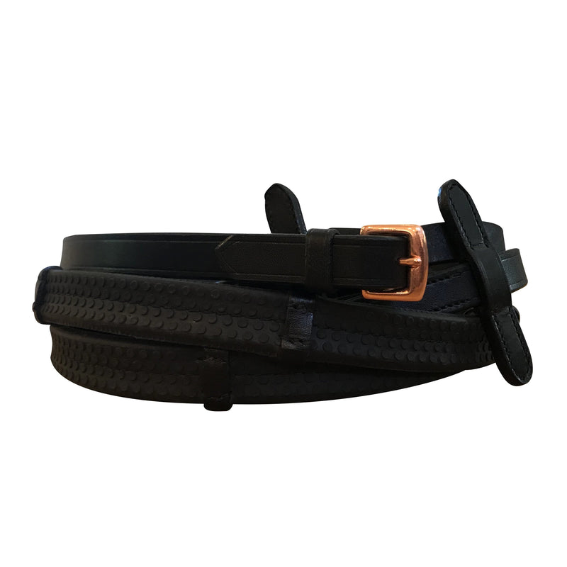 Leather & rubber grip reins - black (rose gold fittings) - Lumiere Equestrian
