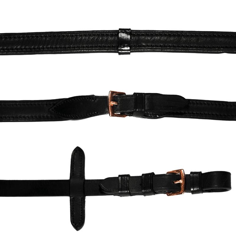 Padded nappa leather reins (flat) - black  (rose gold fittings)