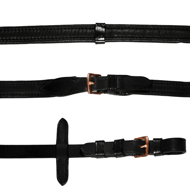 Padded Nappa Leather Reins (Flat) - Black  (Rose Gold Fittings)