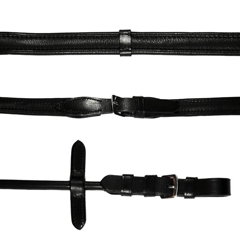Padded nappa leather reins (rolled) - black & brown (silver fittings)